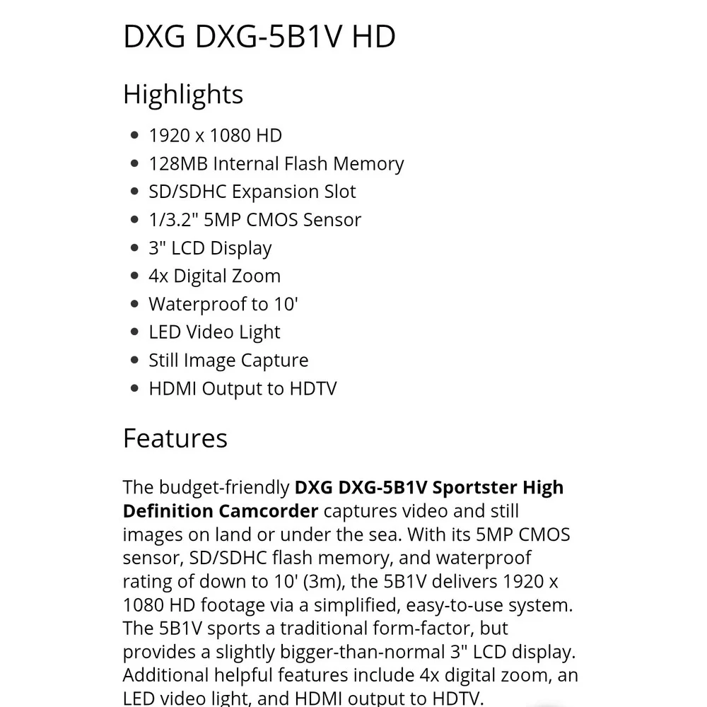 DXG DXG 5B1V HD Yellow High Definition Camcorder 1080p Waterproof